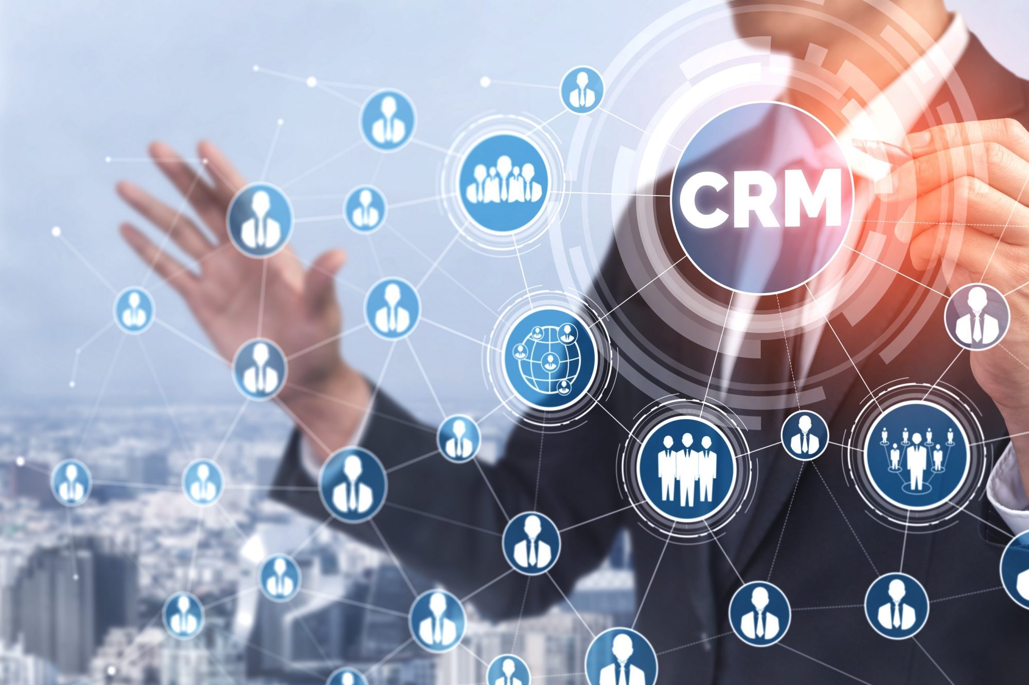 CRM Customer Relationship Management for business sales marketing system concept presented in futuristic graphic interface of service application to support CRM database analysis.