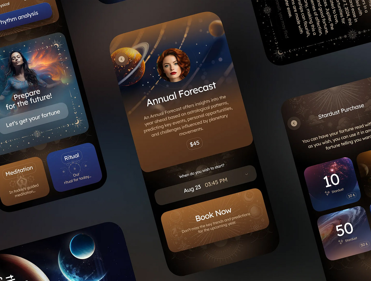 Astrology app interface showing daily horoscopes and zodiac signs.