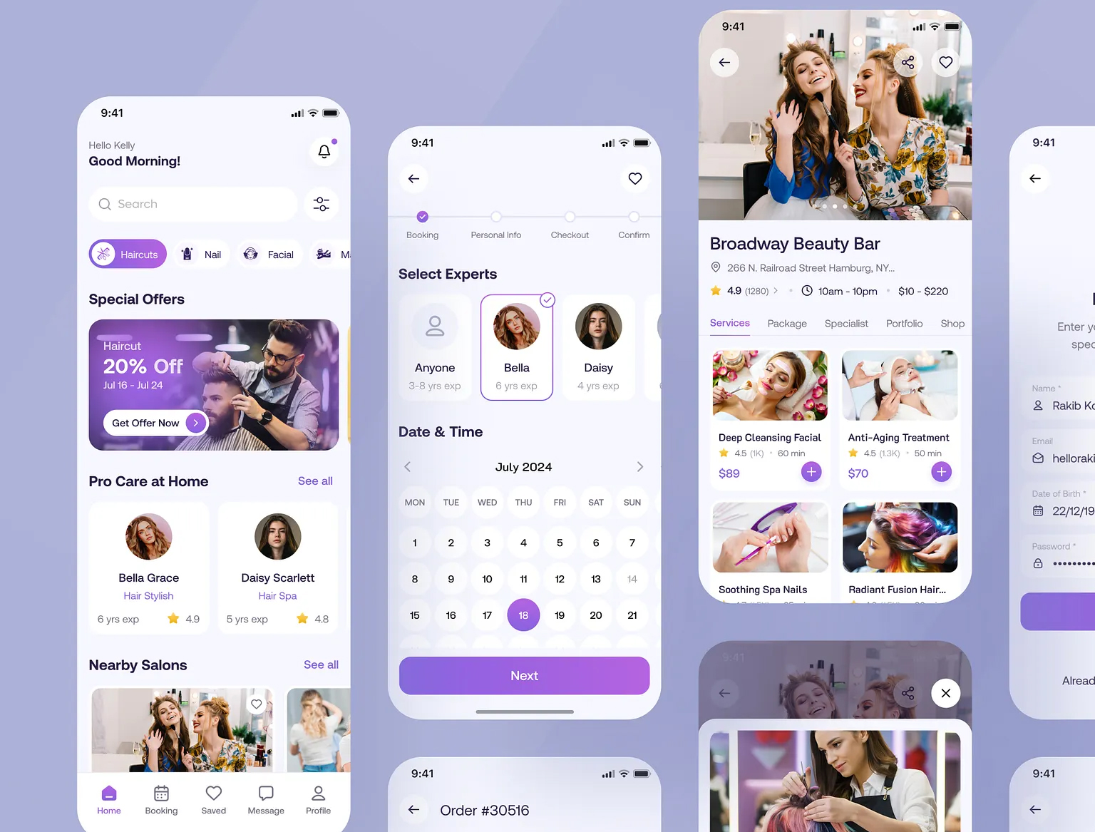 Beauty salon app interface showing appointment booking and stylist profiles.