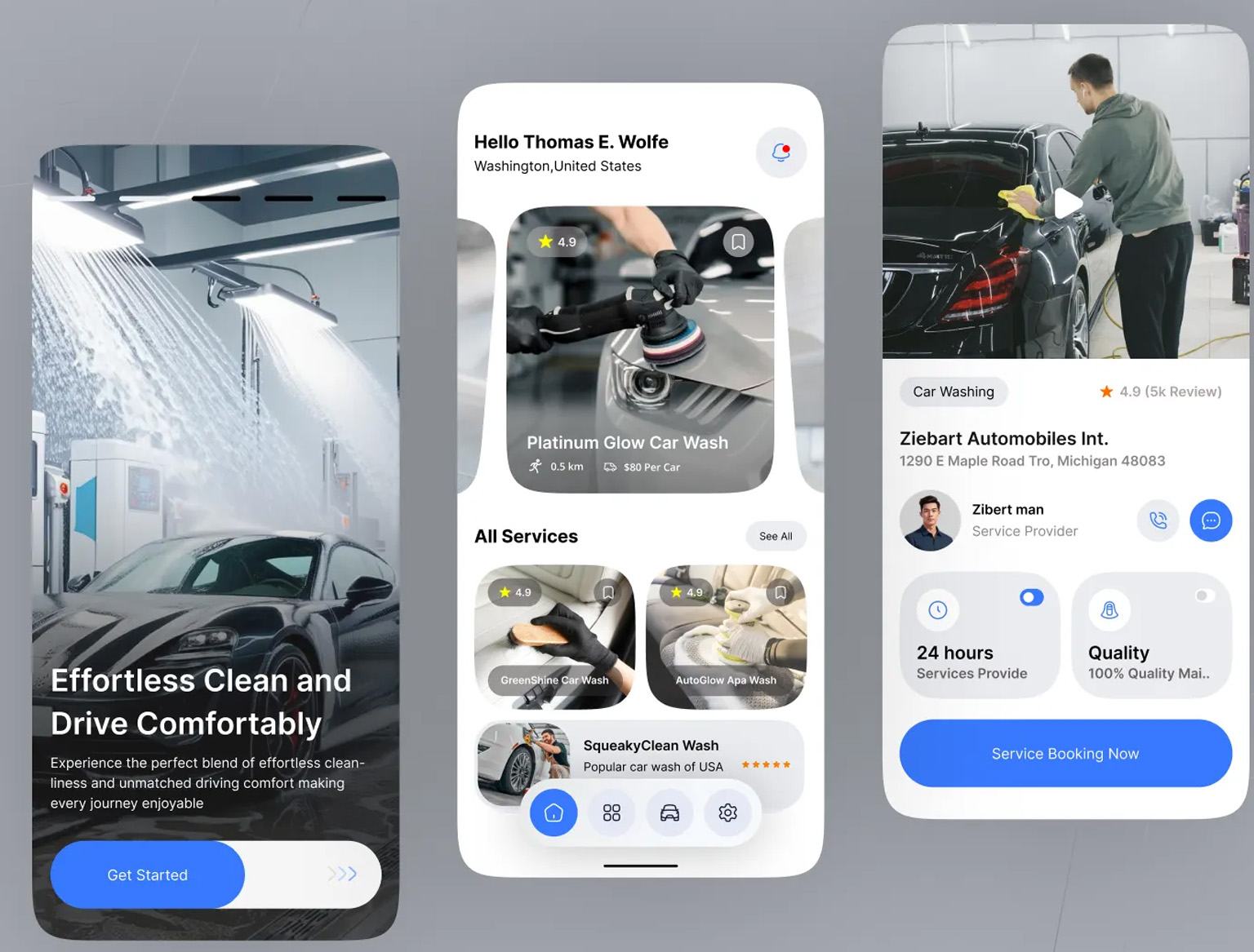 Car wash service app dashboard showing bookings, payments, and schedules.