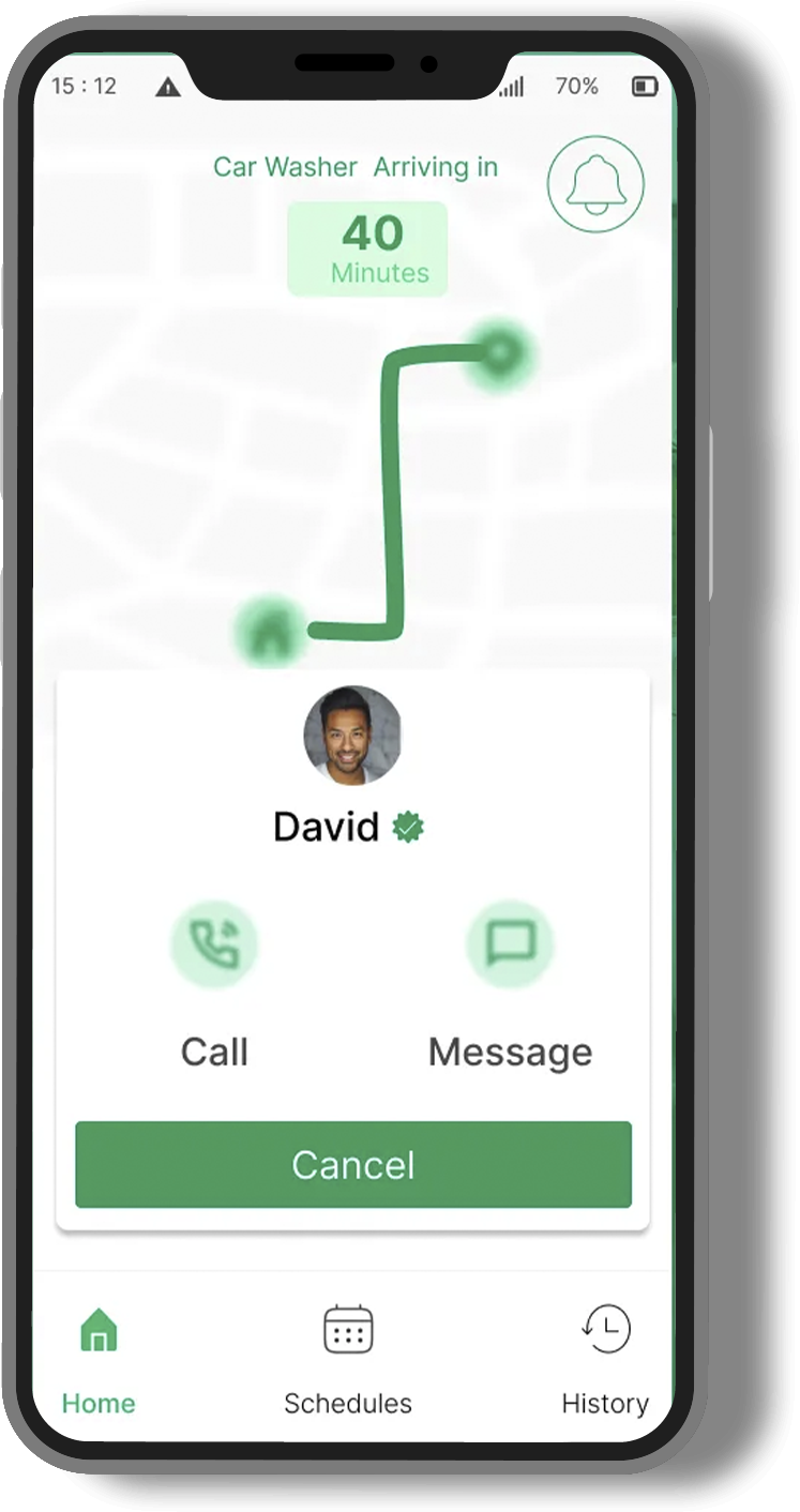 Customer booking history and real-time service status on a car wash mobile app.