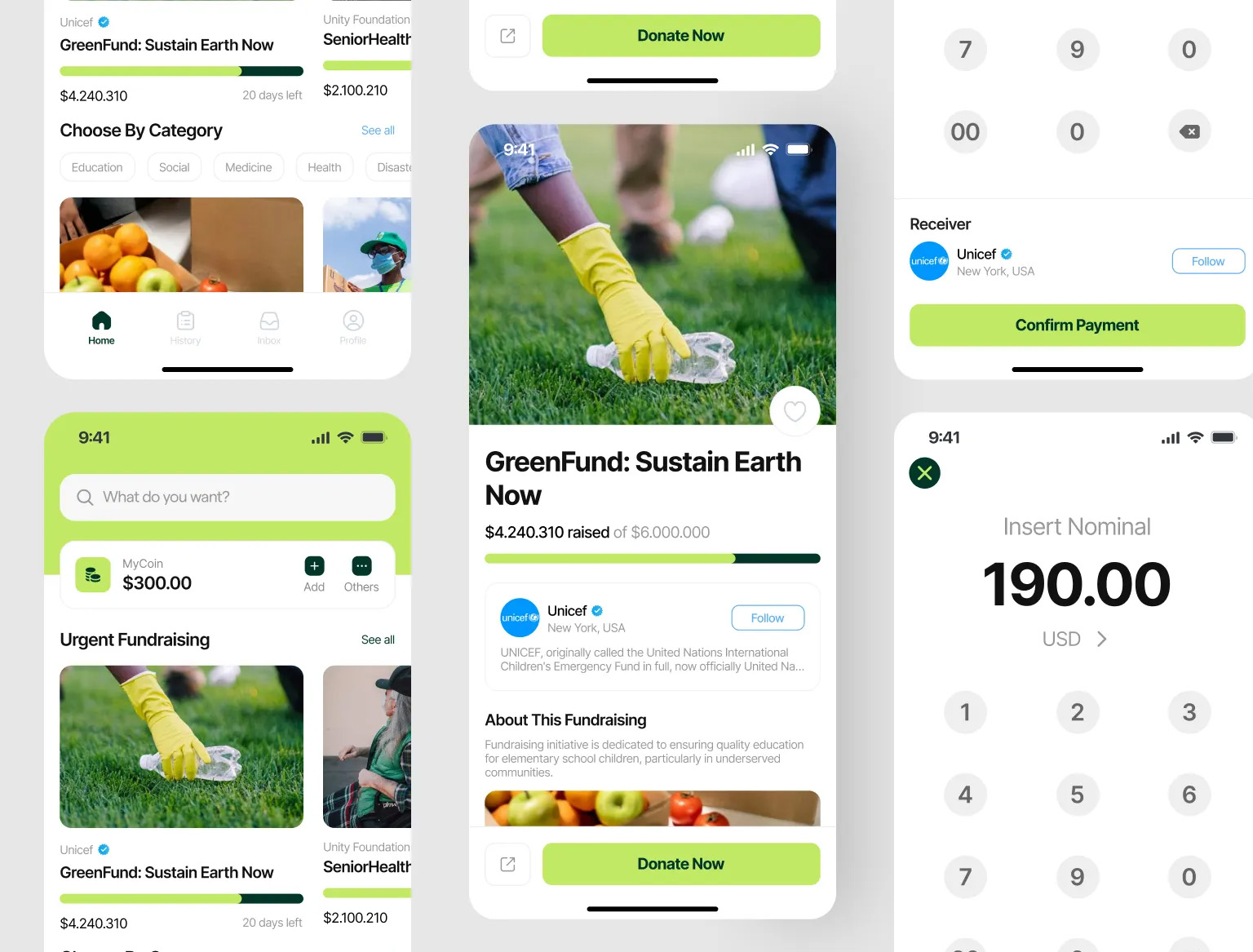 Crowdfunding platform interface showing active campaigns and donation stats.