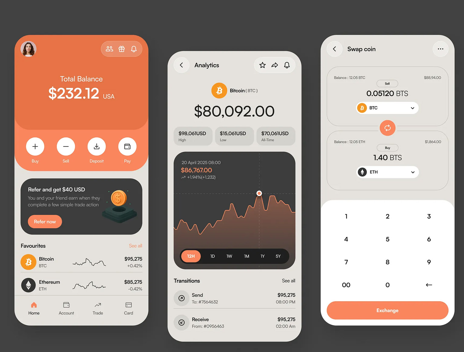 Crypto wallet app interface showing balance, transaction history, and QR code.