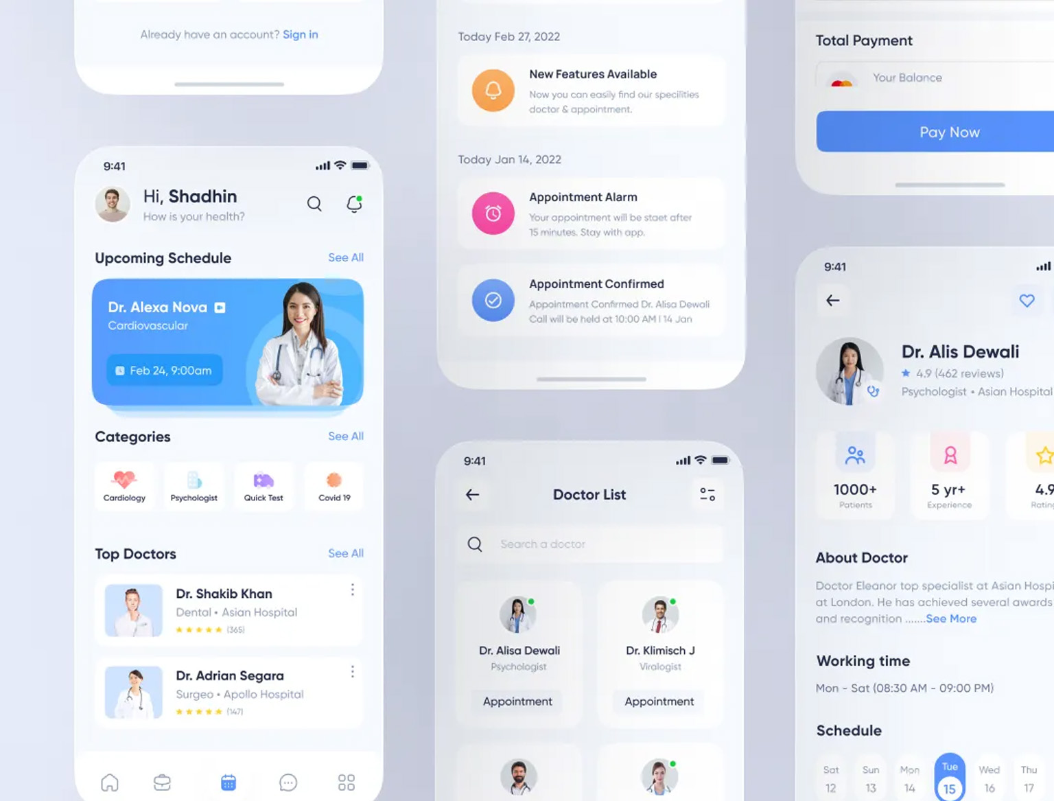 Doctor appointment app interface displaying schedule, booking, and patient info.