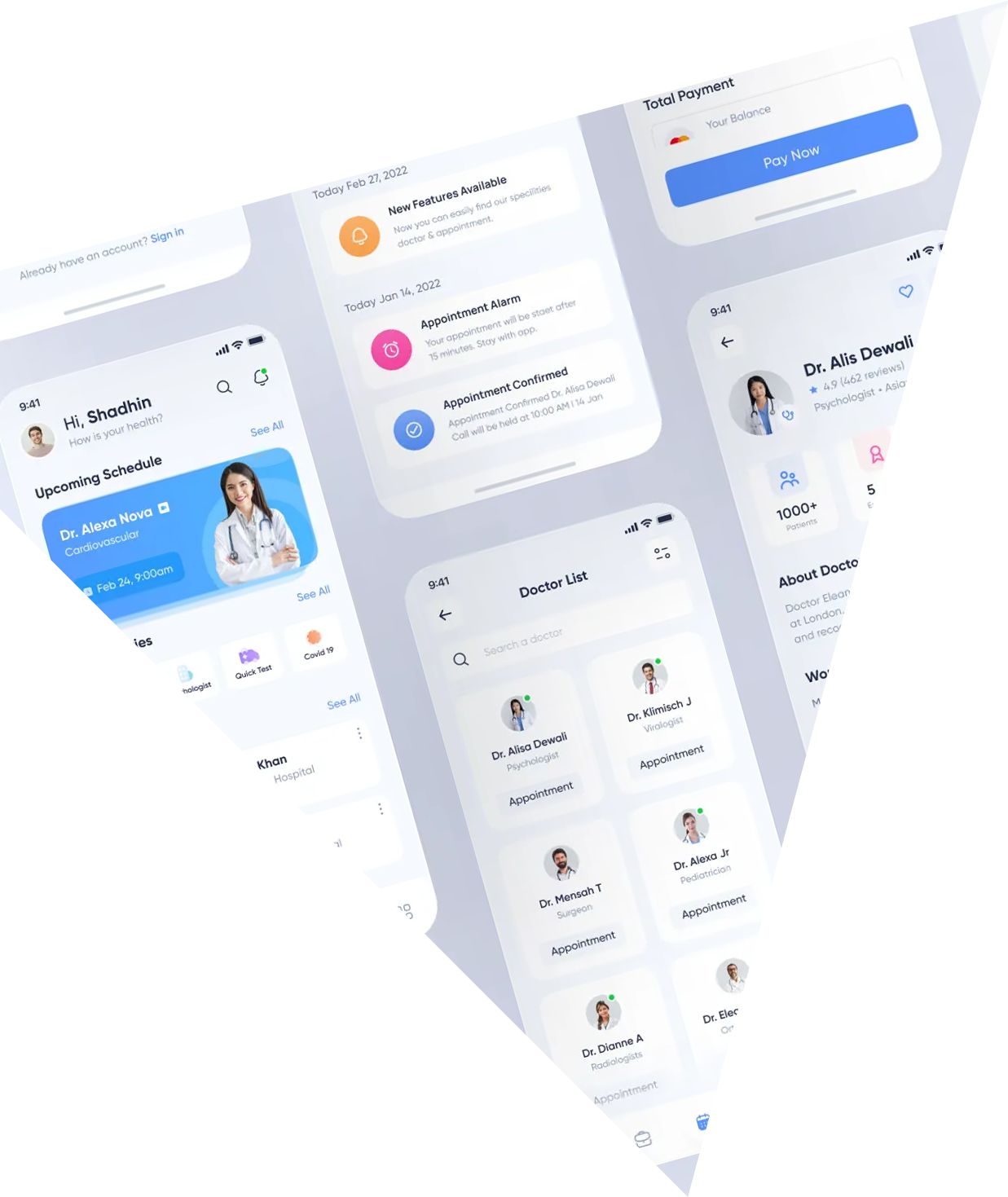 Modern healthcare app interface like Practo or Zocdoc with booking, profiles, and payment features.