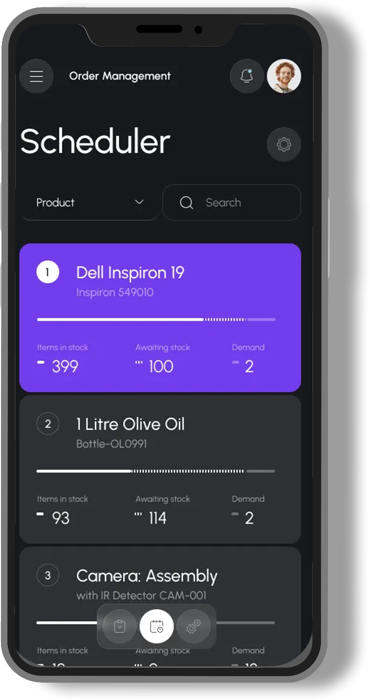 Inventory control module with stock status, reorders, and warehouse info.