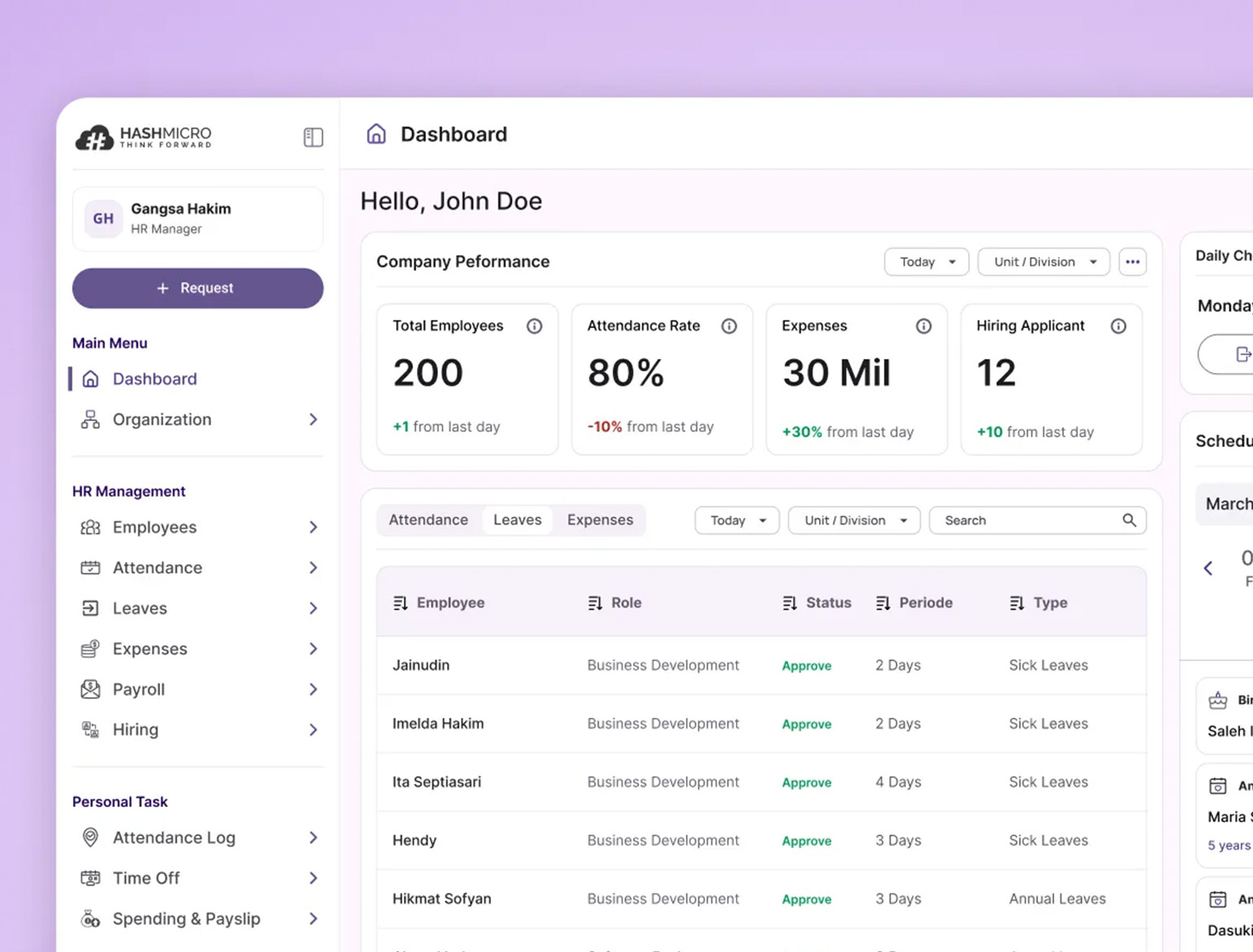 ERP software dashboard showing business analytics, finance, and operations data.