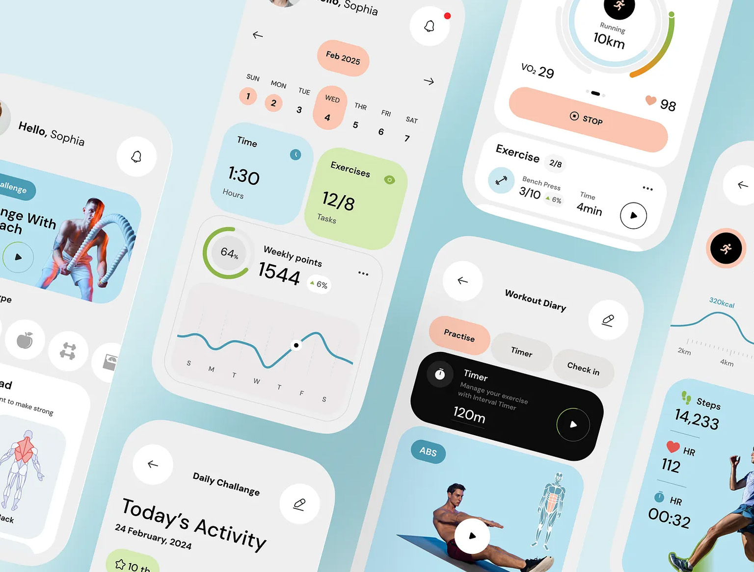 Fitness app dashboard displaying workout plans and daily activity tracker.
