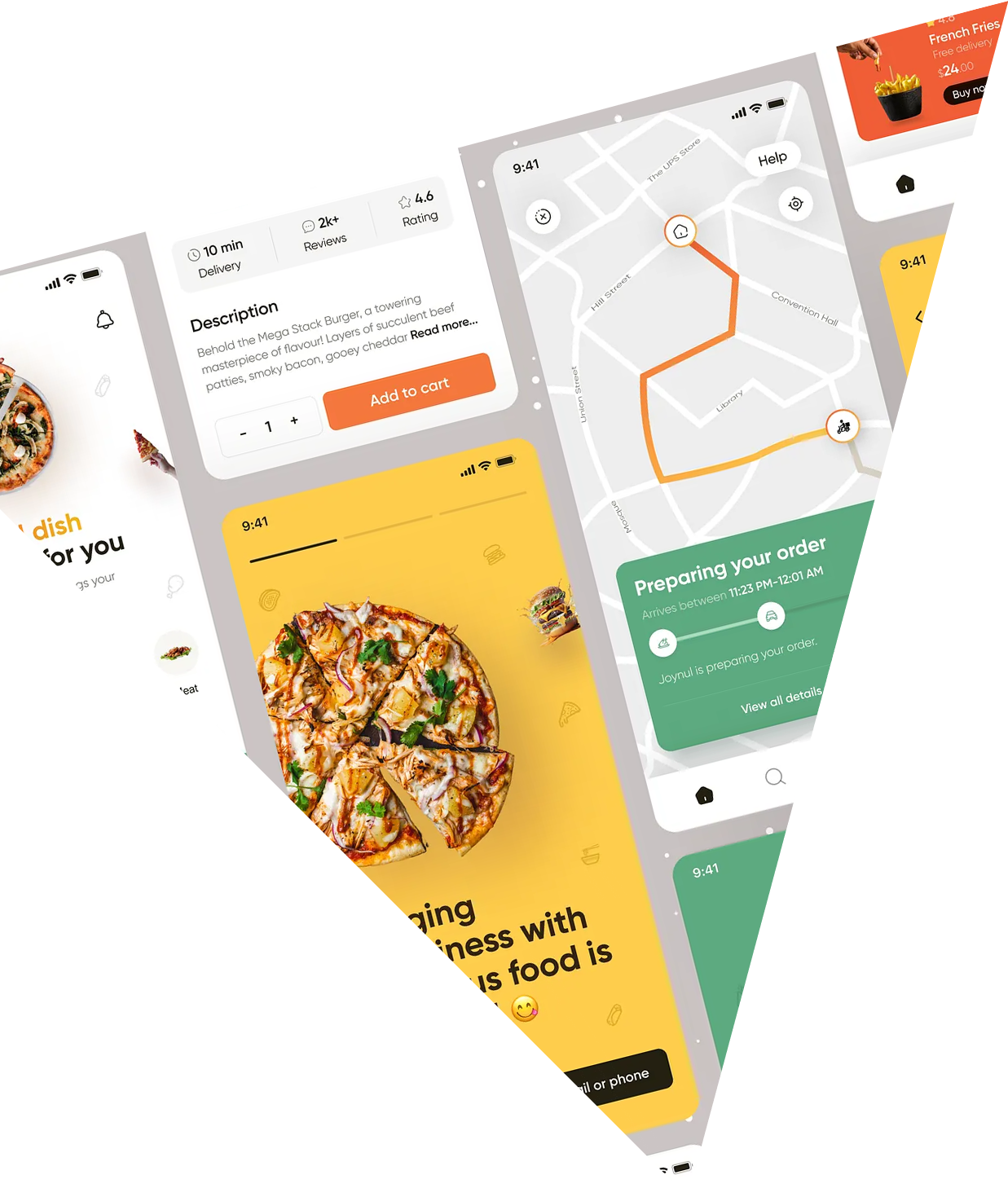 User placing a food order with real-time ETA and order summary screen.