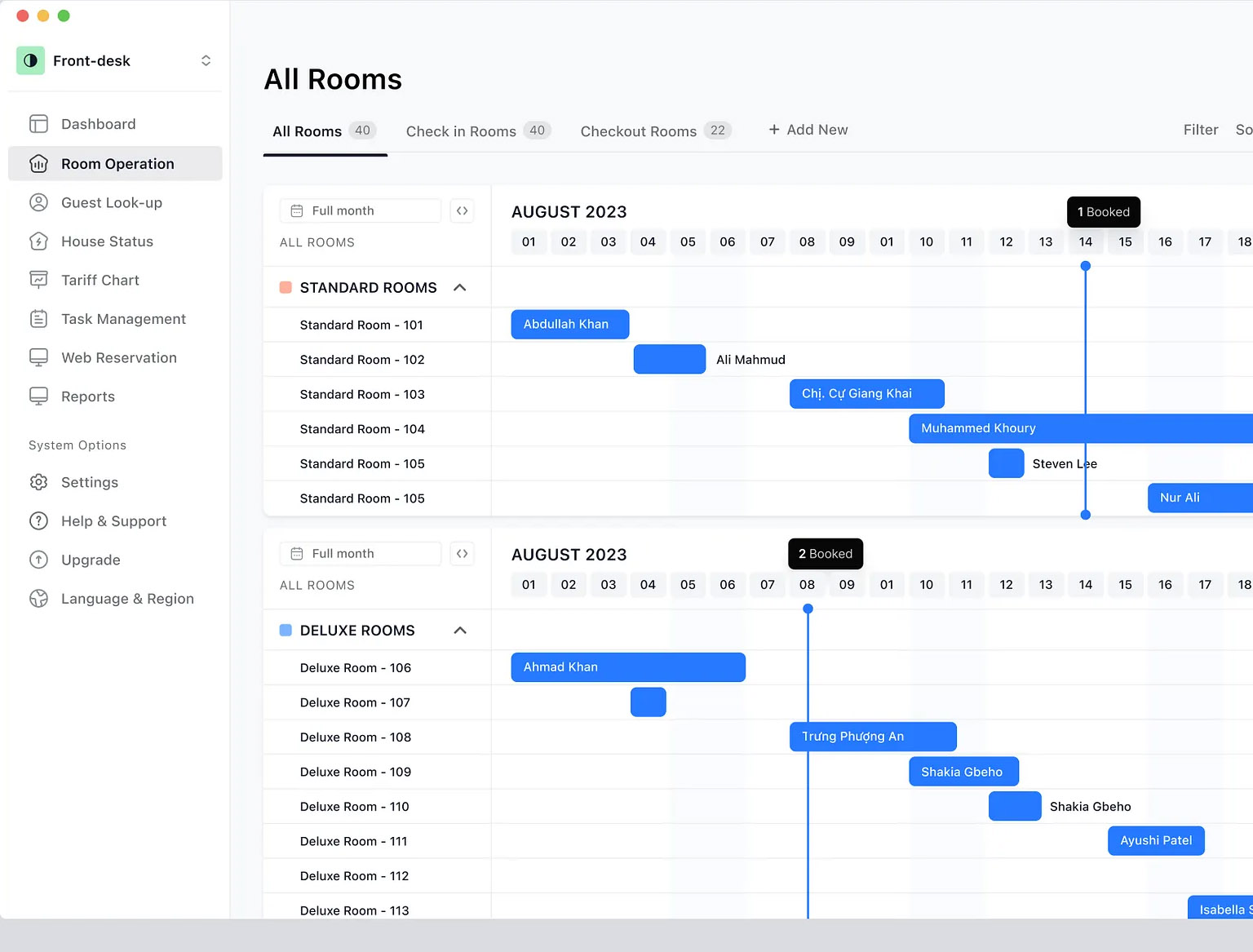 Hotel management dashboard displaying room bookings and guest check-in status.