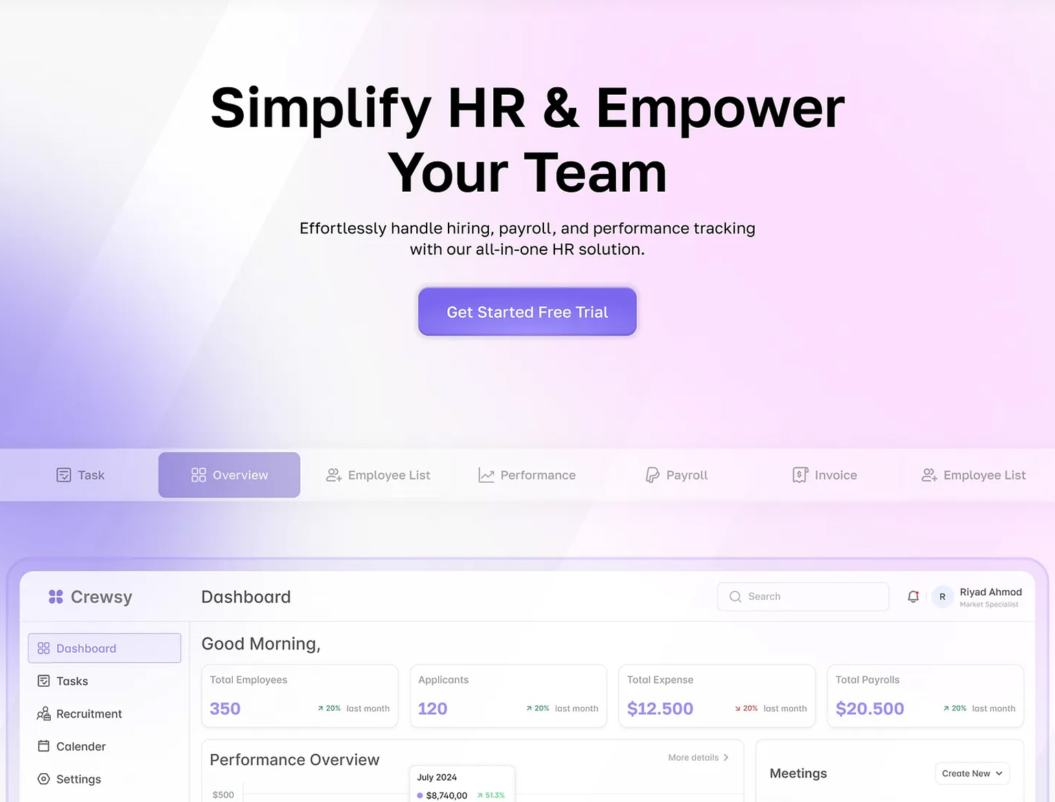 HRM software dashboard showing employee data, attendance, and payroll tools.