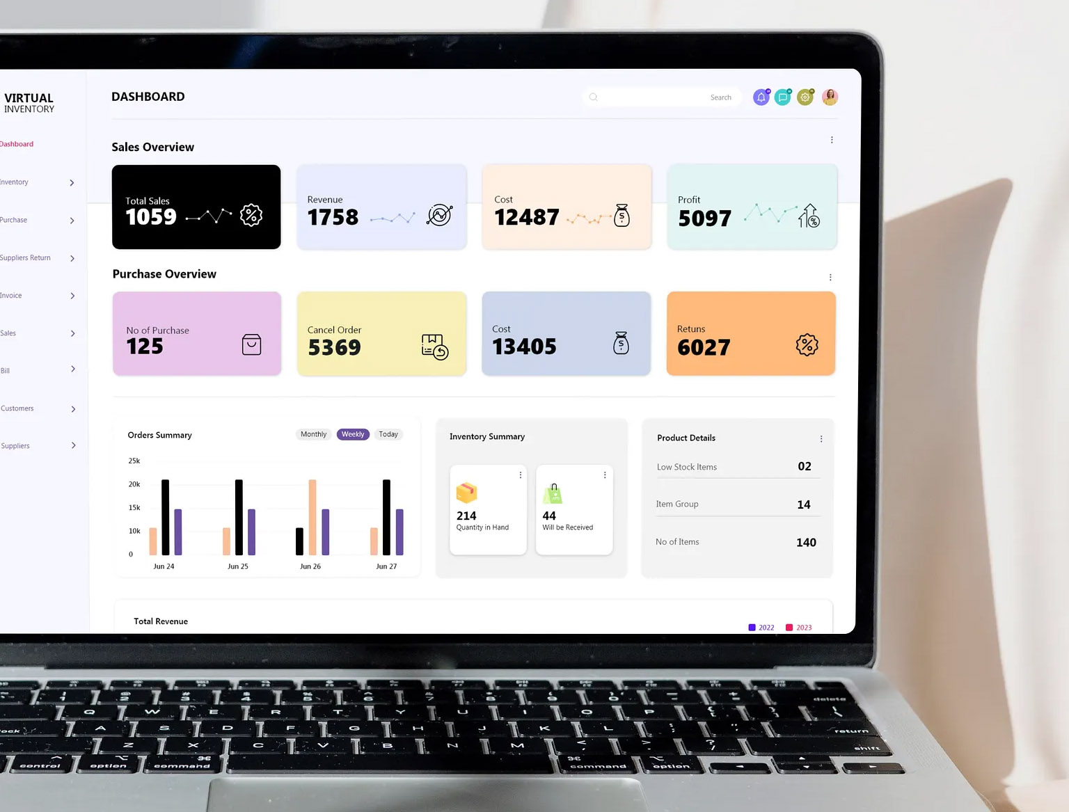 Inventory management dashboard displaying stock levels and product tracking.