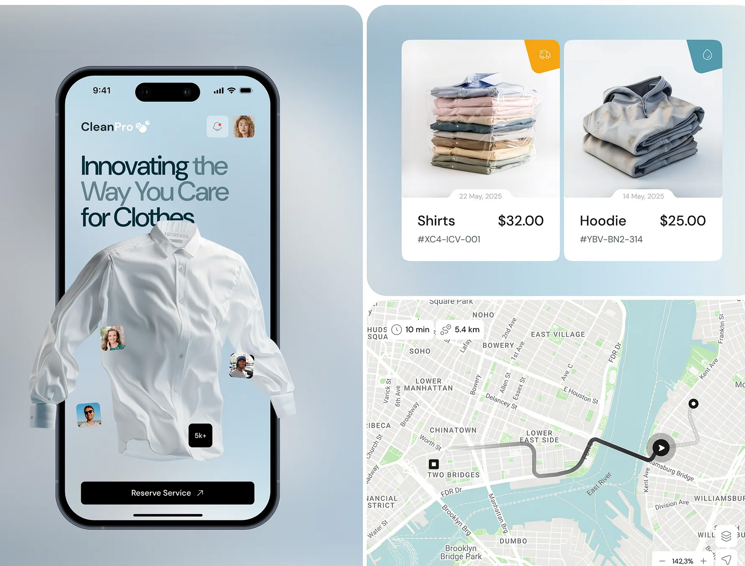 Laundry app screen showing service options, pickup scheduling, and order status.