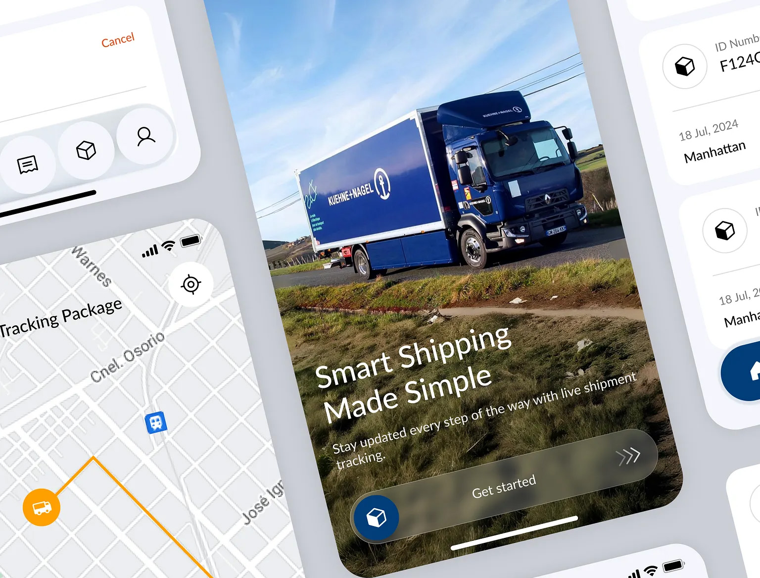 Logistics app interface showing real-time fleet tracking and delivery status.