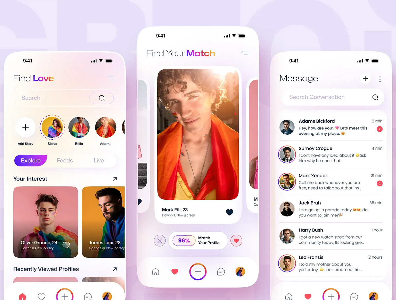 Matrimonial app interface showing user profiles, matches, and chat options.