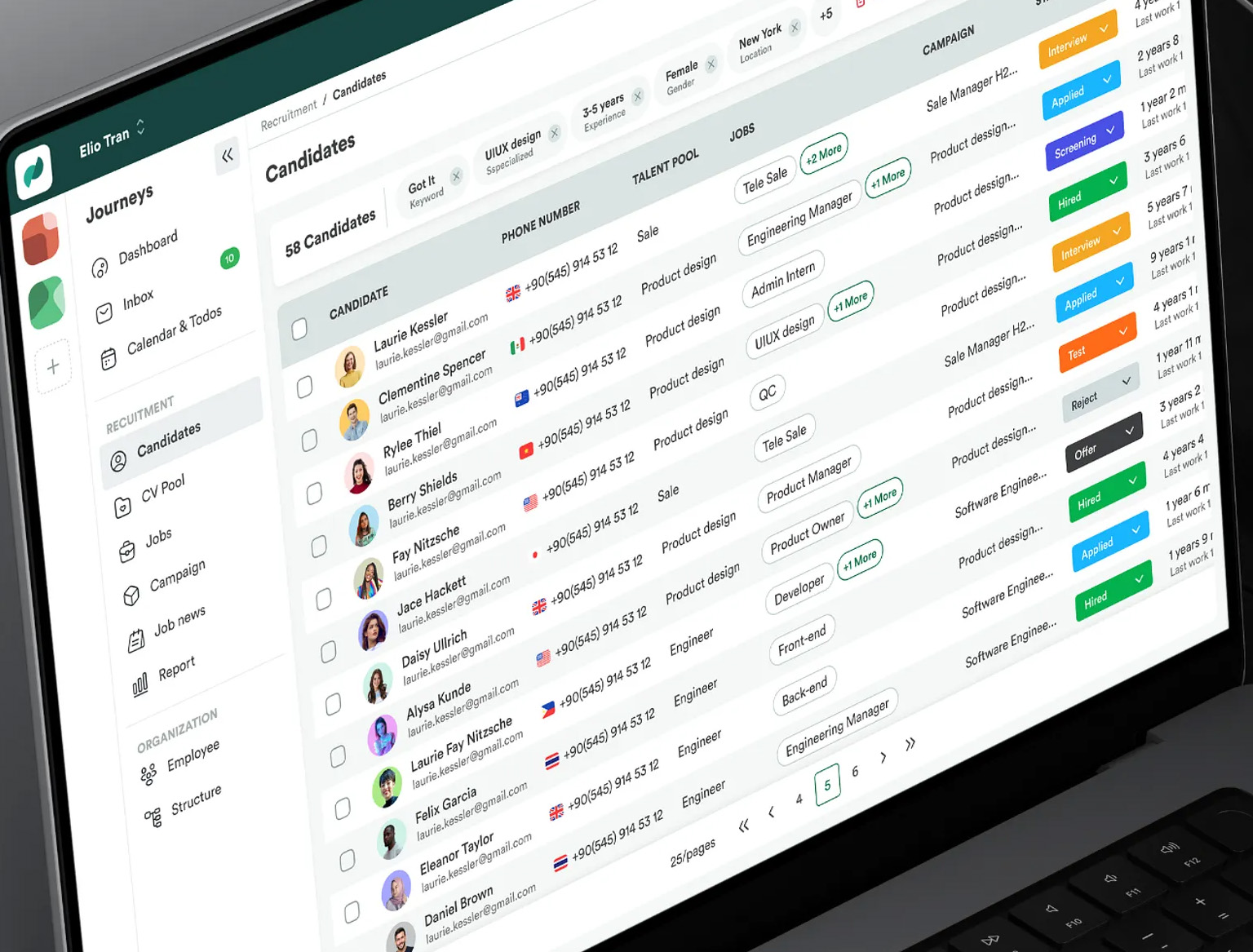 Online recruitment software interface displaying job listings and applicant tracking.