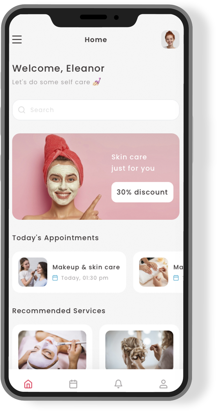 In-app payment gateway and offers section for salon services.