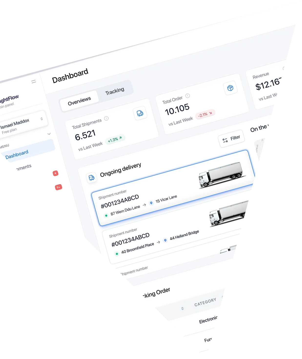 Admin panel displaying shipment tracking, courier assignment, and route optimization.