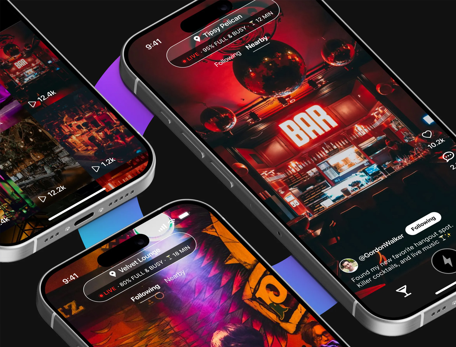 TikTok clone app interface showing short videos, likes, and user profiles
