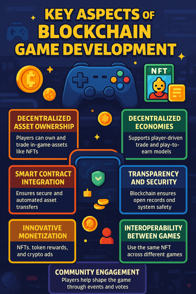 Key aspects of blockchain game development explained with core features and benefits.