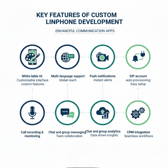 Infographic listing key features of custom Linphone development, including white-label UI, multi-language support, push notifications, SIP auto-provisioning, call recording, chat messaging, AI call analytics, and CRM integration.