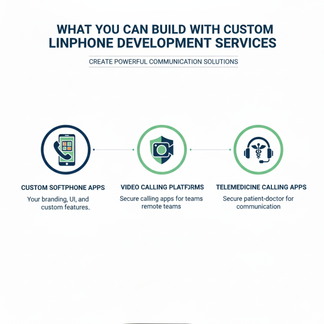 Infographic listing what businesses can build with custom Linphone development services, including softphone apps, enterprise VoIP solutions, video calling platforms, telemedicine apps, and call center dialers.