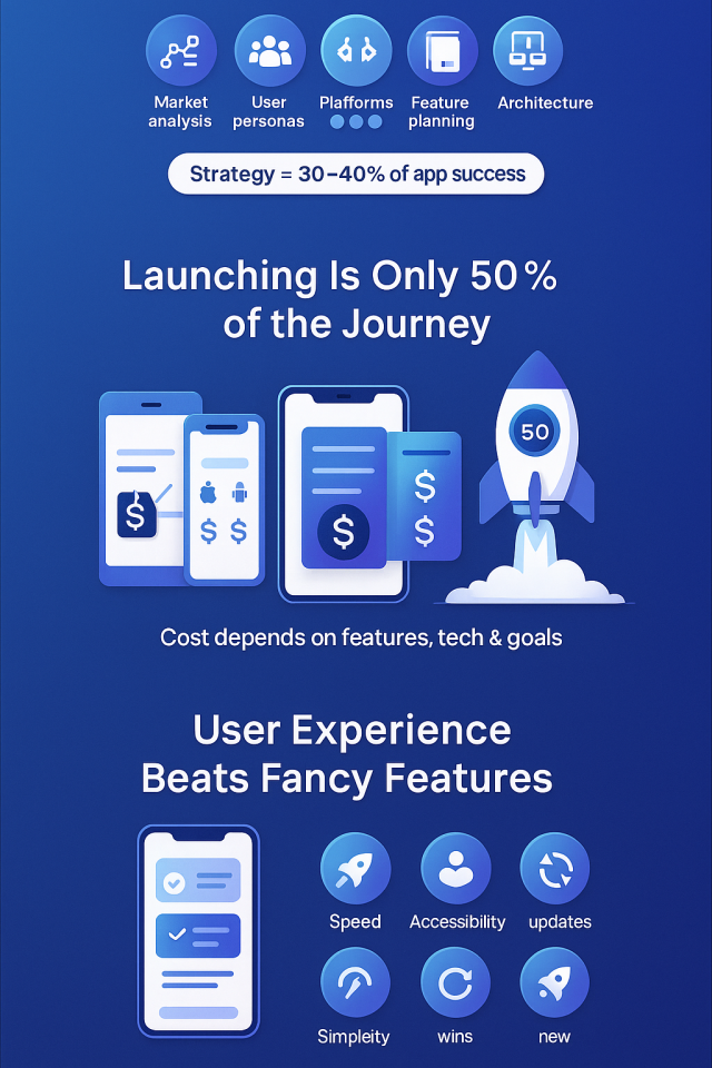 Infographic showing five things nobody tells you about mobile app development, including delays, the importance of planning, budget overruns, security priorities, and post-launch responsibilities.